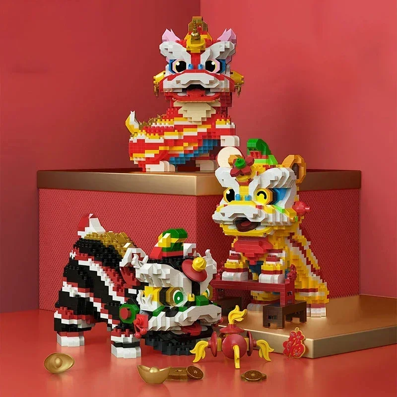 Assembly Chinese Micro Brick Model Lion Dance Mini Building Block Toy Dragon Traditional Culture Boat Toy For Kids