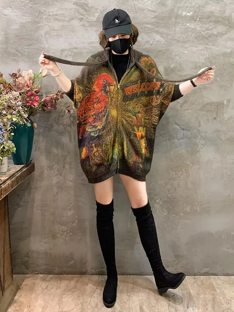 Amax luluE 2025 Damskie Zimowe Rozpinane Kardigany z Kapturem i Nadrukiem, Luźne Swetry w Stylu Casual, Modne i Ciepłe, Damskie Luksusowe Ubrania w Stylu Vintage