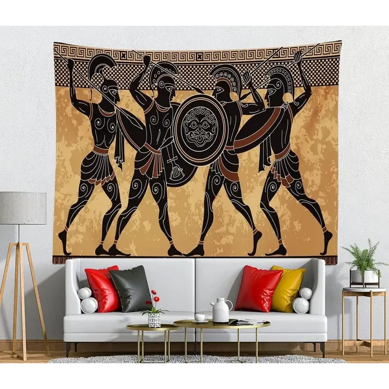 VIKAMA Antique Greece Warrior Wall Hanging, Retro Greek Geometric Border Tapestry, Lightweight Wall Cloth Bedroom Indoor Decor