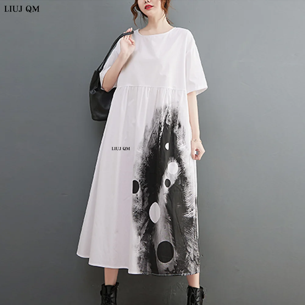 2023 Plus Size Summer White Patchwork Print abiti per le donne manica corta allentato Casual Vintage Dress Fashion abbigliamento elegante