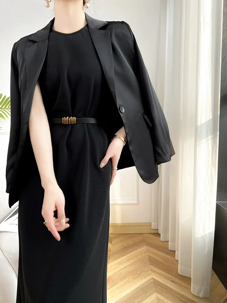 엘레 스벨 새틴 드 여성용 패션 2024 봄 미디 블랙 드 베스트 드 출퇴근 슬레 미드 웨이스트 A라인 스커트