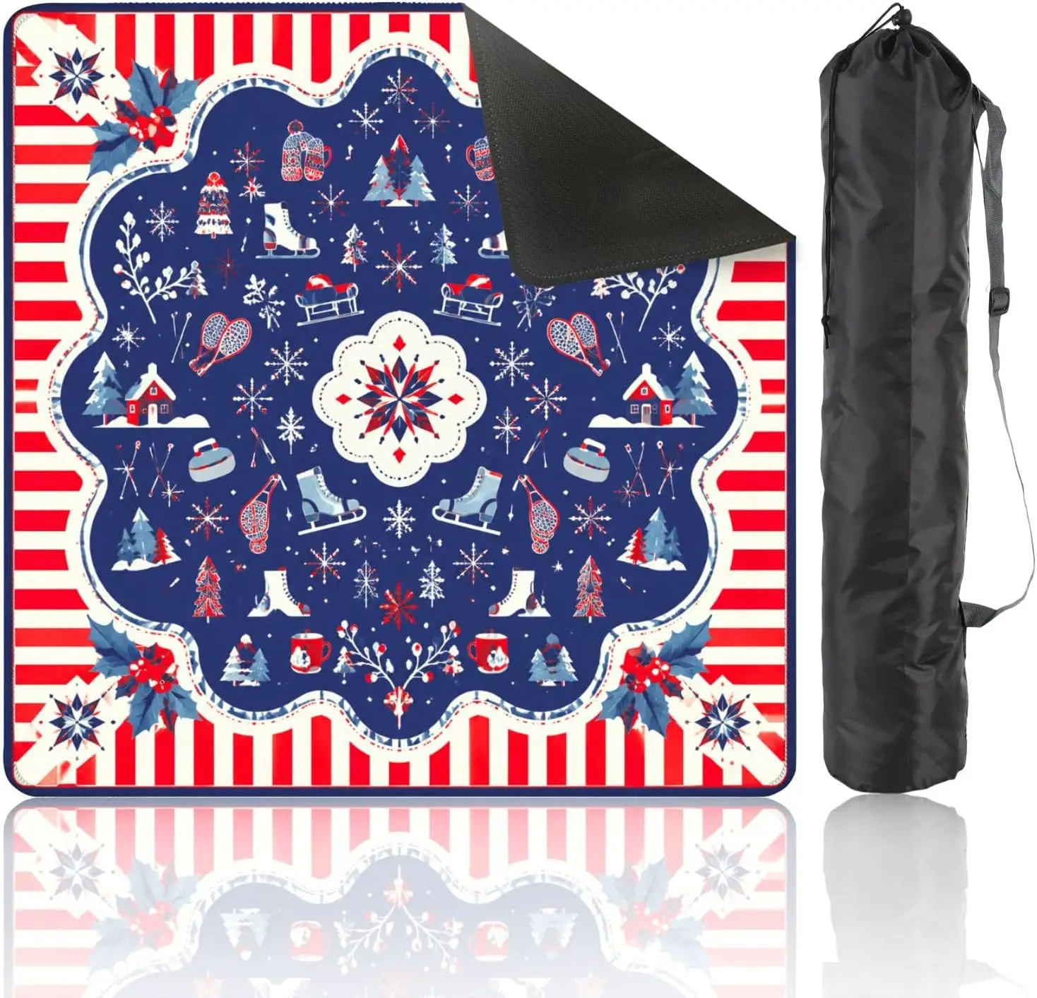 31.5x31.5 Mahjong Mat with Carrying Bag Winter Snowflakes Skates Christmas Elements Non Slip Noise Reduction Pad for Mahjong Pok