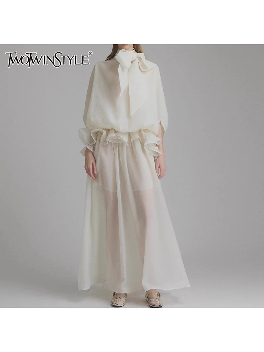 

TWOTWINSTYLE Solid Loose Spliced Bowknot Elegant Dresses For Women High Neck Half Sleeves High Waist Dress Female Clothes New
