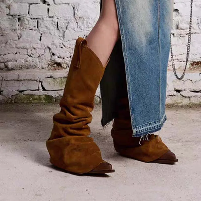 

Women's Suede Slouchy Western Cowboy Knee High Boots Fashionable Square Toe Boots Casual Slouch Design Stylish Comfortable Boots