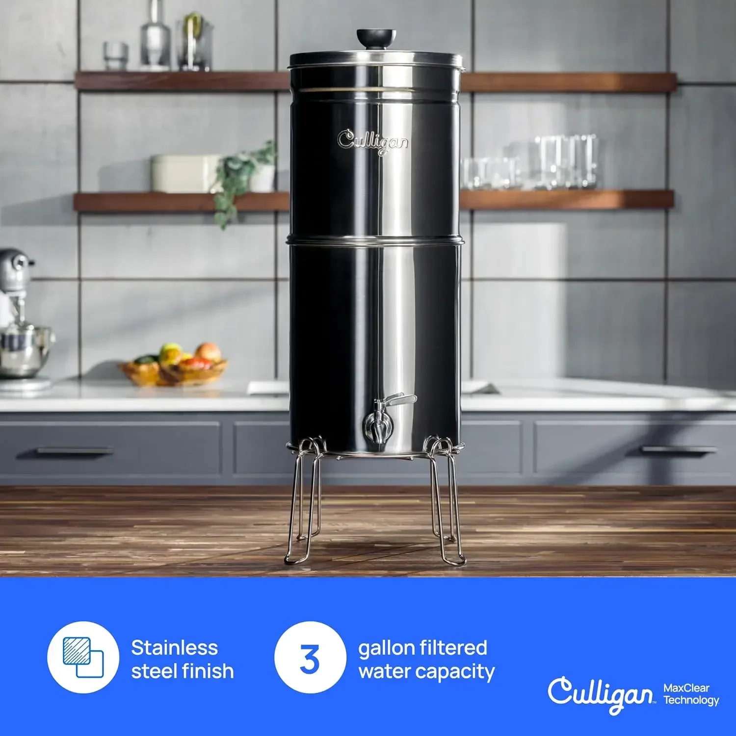 MaxClear 3 Gallon Gravity Water Filter System, Polished Stainless-Steel Countertop Water Filter NSF/ANSI Certified to Reduce Mic