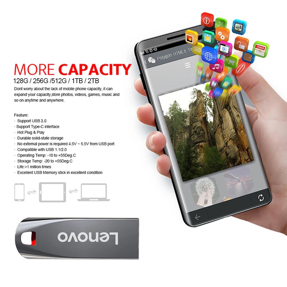 Lenovo 2TB USB3.2 Flash Drive Super High Speed Data Transfer 1TB Large Capacity Ultra-Fast Portable Storage Sleek Durable U Disk