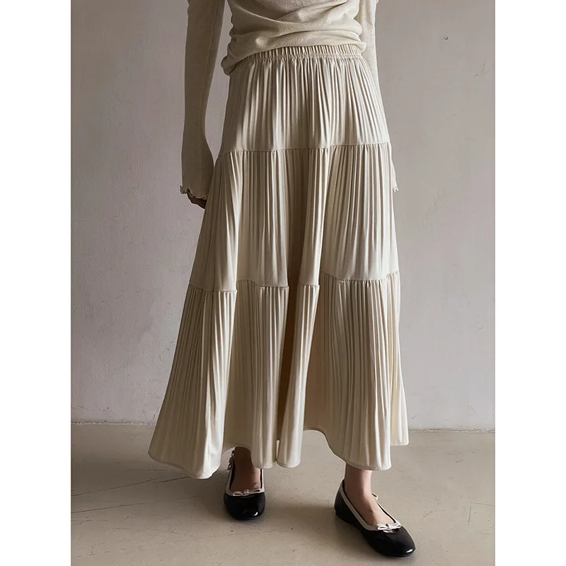 À la mode taille haute a-ligne gâteau jupe demi-jupe femmes automne nouvelle collection plissée mi-longue jupe plissée jupe