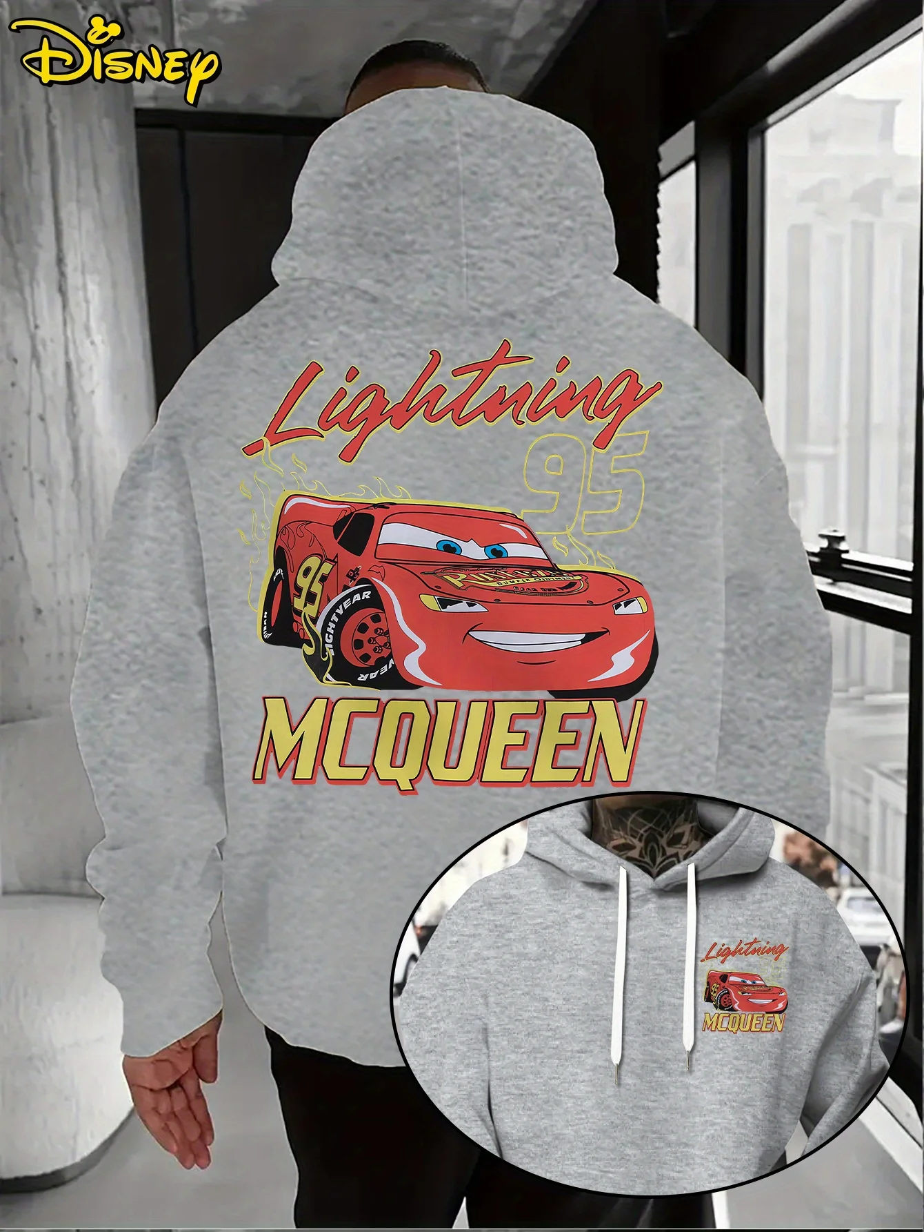 Unisex Disney Cars Cotton Hoodie Red with Animated Car Character Blue Eyes Number 95 Smile Design Yellow Flame Back Print Loose