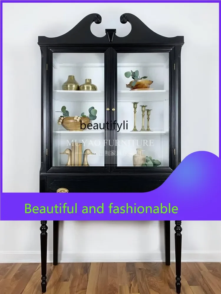 xx1French solid wood carving flower dining side cabinet household display cabinet retro storage cupboard