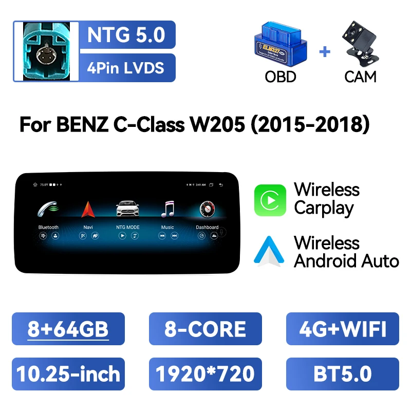 Draadloze CarPlay Android Auto autoradio voor Benz C V Klasse W204 W205 W446 W639 GLC X253 2015-2018 6+128GB GPS Navigatie - afbeelding 1