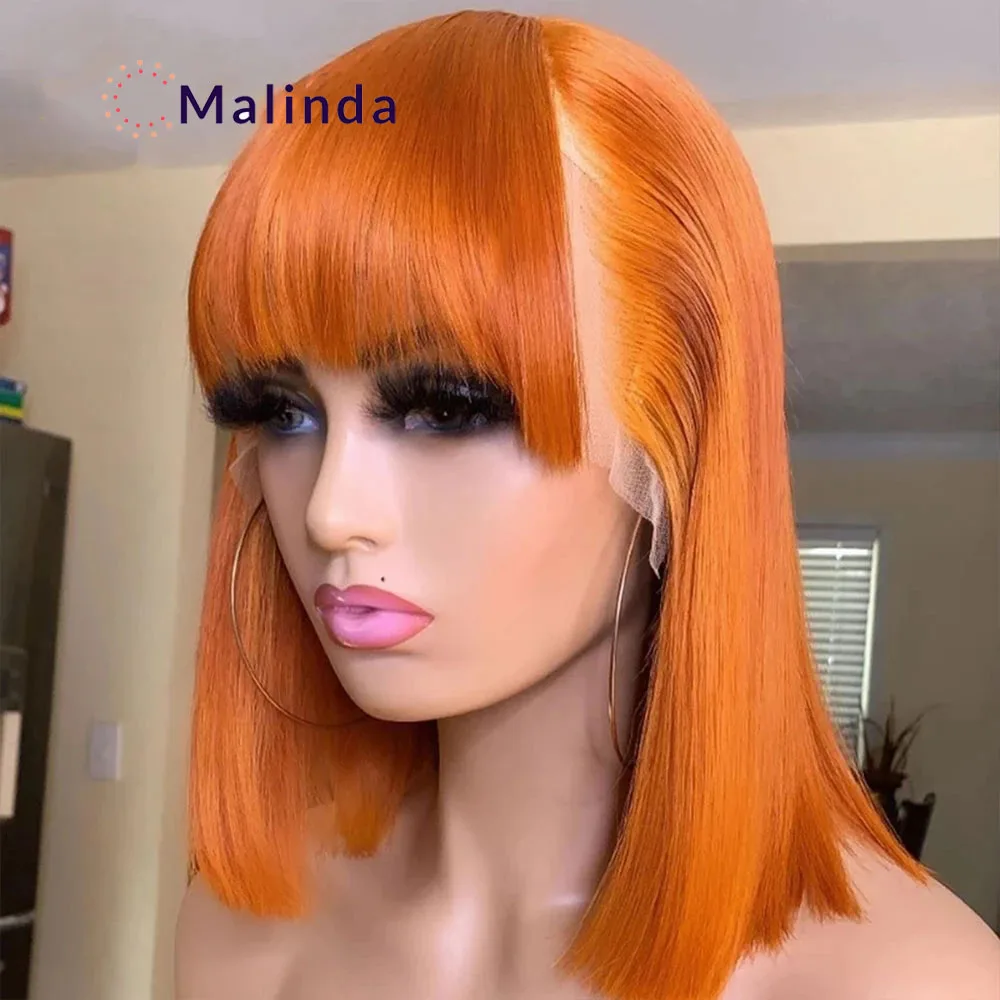 

Ginger Orange Colored Short Bob Wig With Bang Straight Transparent Lace Frontal Glueless Wig PrePlucked Human Hair Ready To Wear