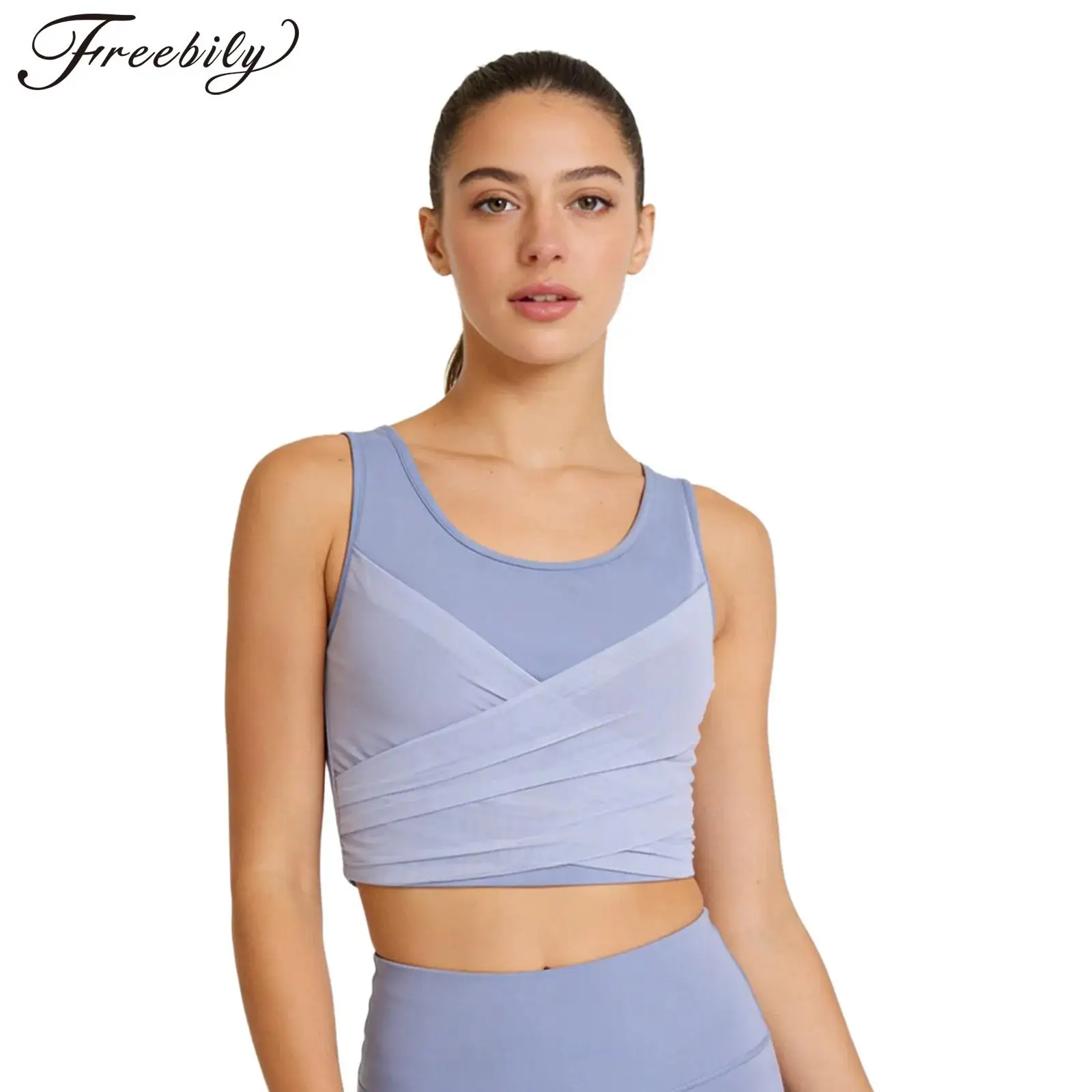 

Женский спортивный топ с перекрестными бретелями и сетчатой вставкой спереди, со встроенным бюстгальтером и чашечками, для йоги, пилатеса и тренировок