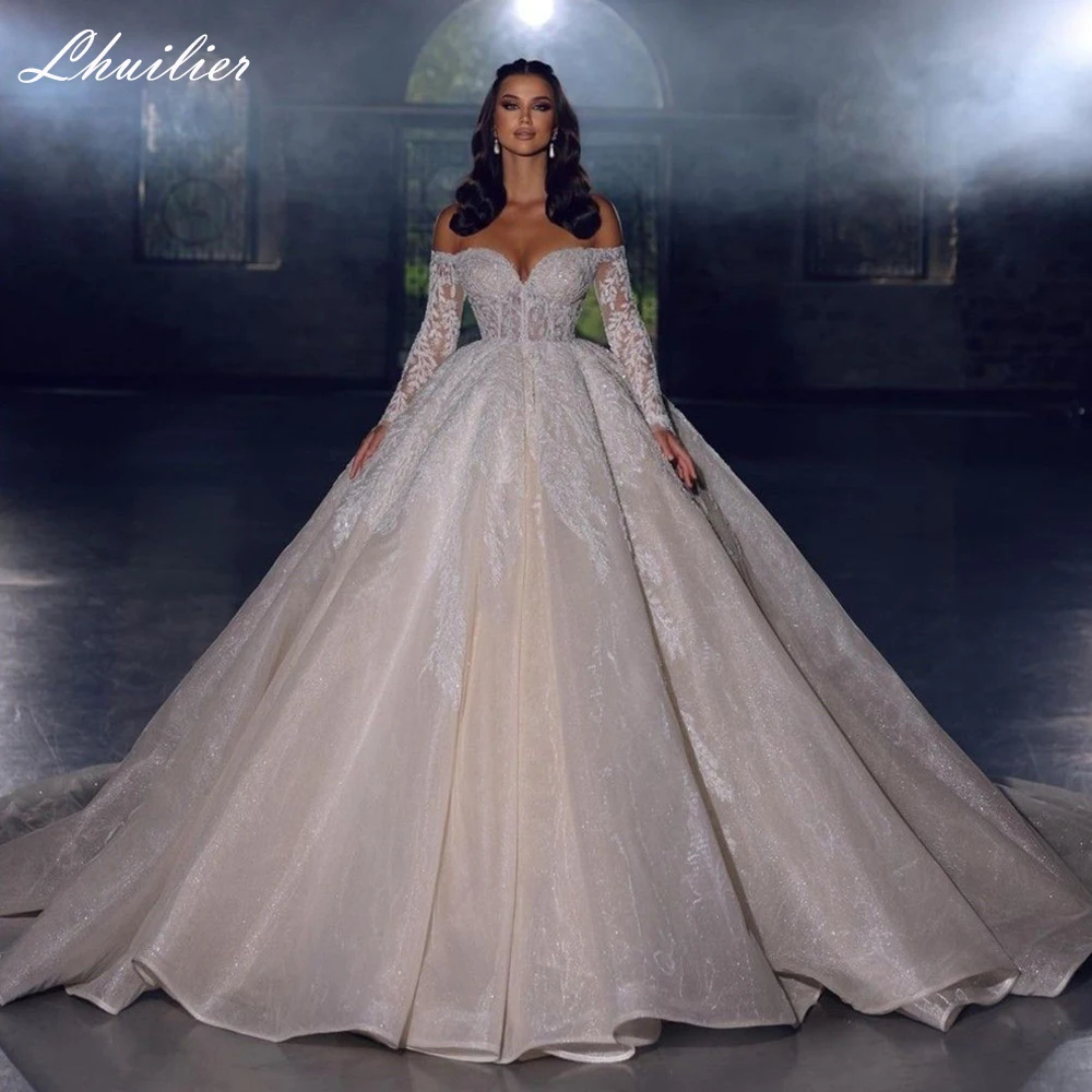 Lhuilier Boat Neck Ball Gown Lace Wedding Dresses Floor Length Long Sleeves Beaded Bridal Gowns with Chapel Train