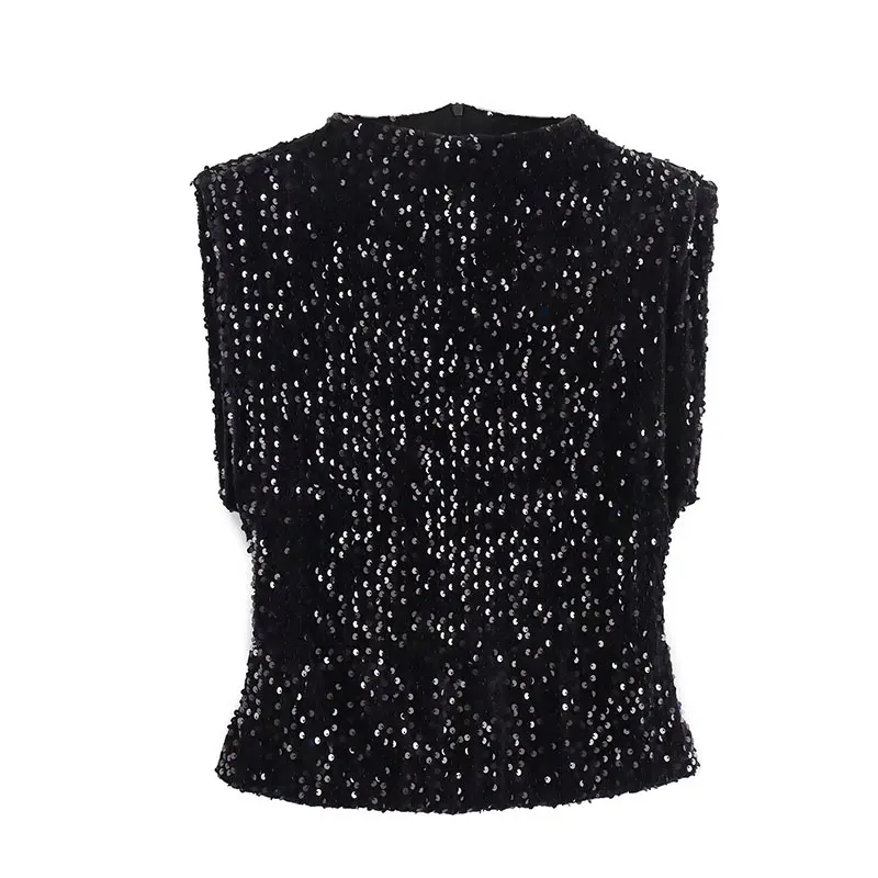 

Sleeveless Top For Women Spring/Summer Stylish Velvet With Beaded Embellishment Women's T-shirts Clothes Tops