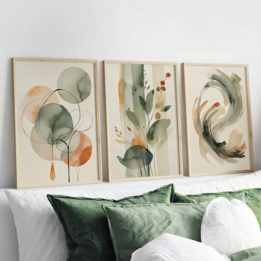 3pcs Frameless,Beige and Sage Abstract Watercolor Wall Art,Plant and Geometric Prints Living Room Decor,Modern Minimalist Poster