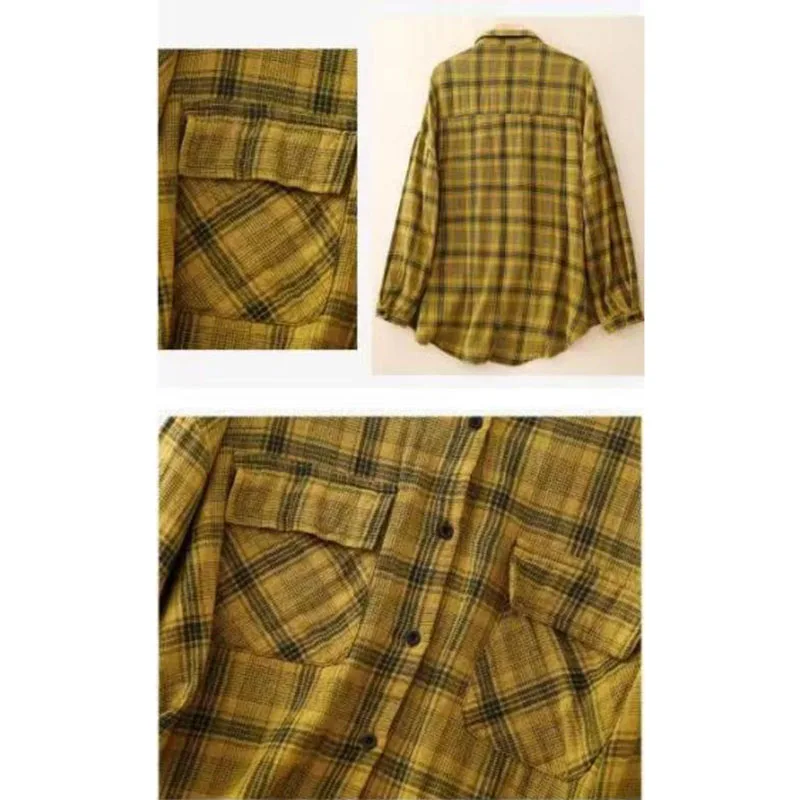 Dames nieuwe lente zomer katoen linnen geruite revers shirt met lange mouwen los en veelzijdig casual single-breasted shirt zak shir