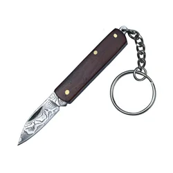 Solid wood + Damascus steel knife mini portable folding knife self-defense disassembly express knife keychain pendant