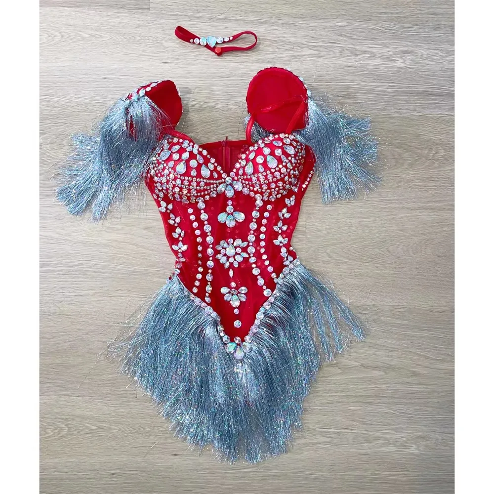 Body con nappe con strass rossi Donna Bar sexy Discoteca Abbigliamento da palcoscenico Abiti da performance jazz Drag Queen Costume Show Ballerino Team
