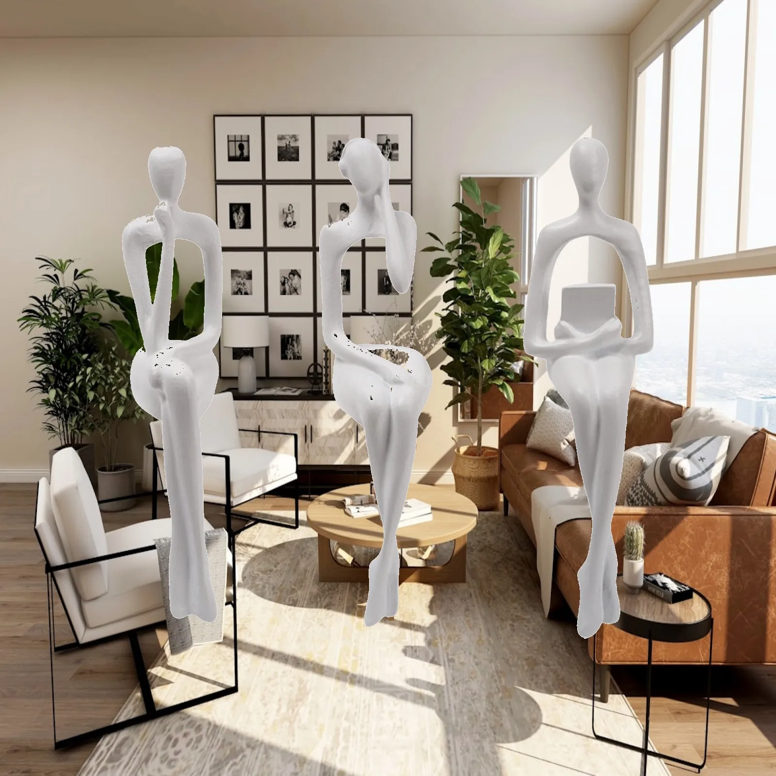 3x Sitting Thinker Statue Decorative Sculpture Artwork Minimalist Resin Figurines for Study Bookshelf Desk Decor Collection