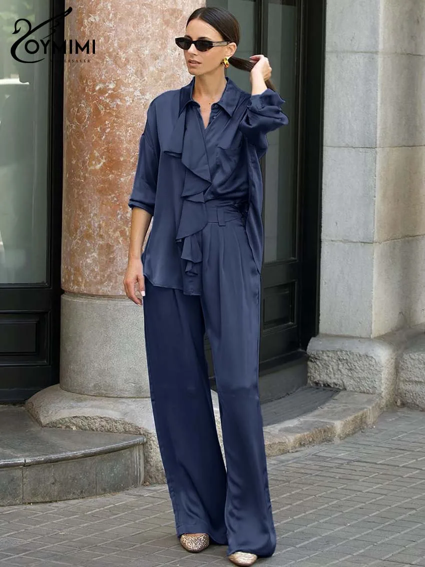 

Oymimi Casual Blue Satin Woman 2 Piece Outfit Set Fashion Three Quarter Sleeve Pockets Ruffled Shirt + Simple Straight Pants Set