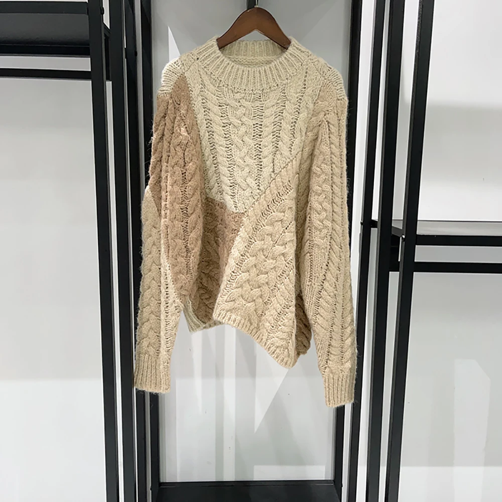 

Женский свитер из смеси шерсти, вязаный топ с асимметричным подолом и цветными блоками, пуловер с круглым вырезом и длинными рукавами на шнуровке, новинка зимы 202, Y2k