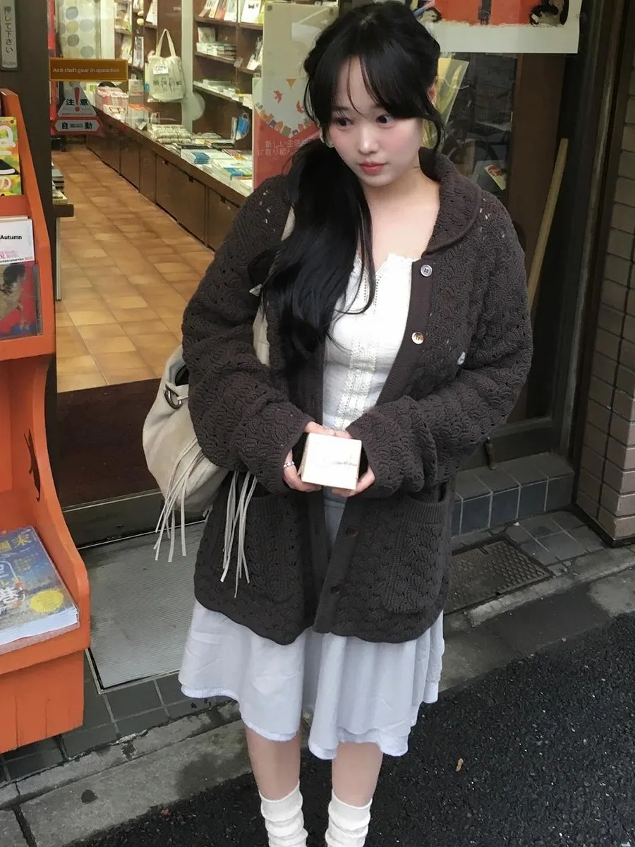 WEIRD PUSS Japanese Artistic Sle Knitted Cardigan Women's Faionable Versatile Spicy Girl Top Button Design Slimming Polye...