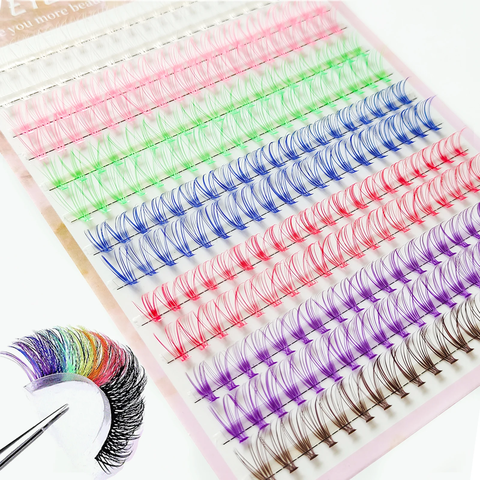 DIY 20P Cluster Lashes Mix 7 Colors Eyelash D Curl 12-14mm White Pink Blue Green Purple Reusable