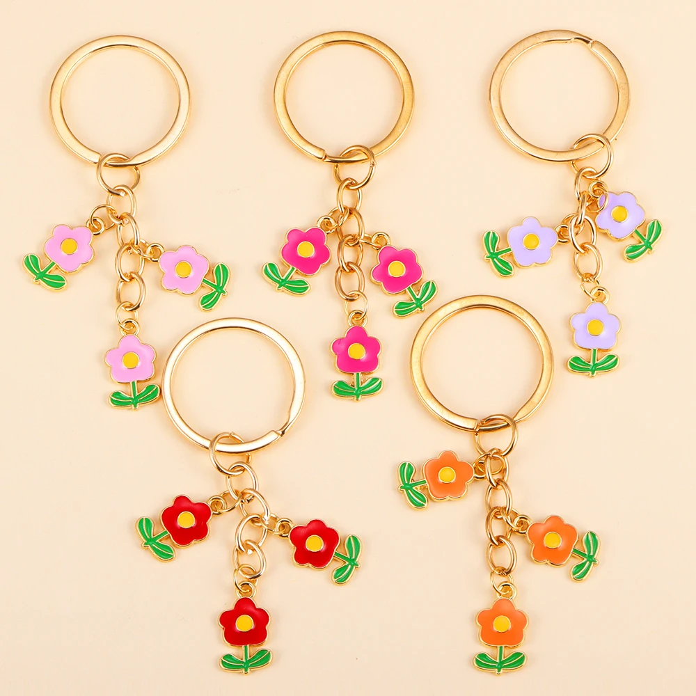 Lovely Metal Oil Drip Colorful Flower Charms Keychain For Women Grils School Bags Car Key Pendants Keyring Party DIY Gifts