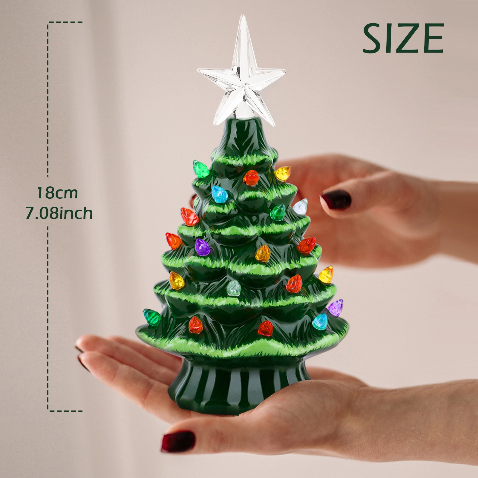 7 Inches Ceramic Christmas Tree Vintage Green Tabletop Christmas Tree with Tree Topper Star and Multicolored Lights for Desktop