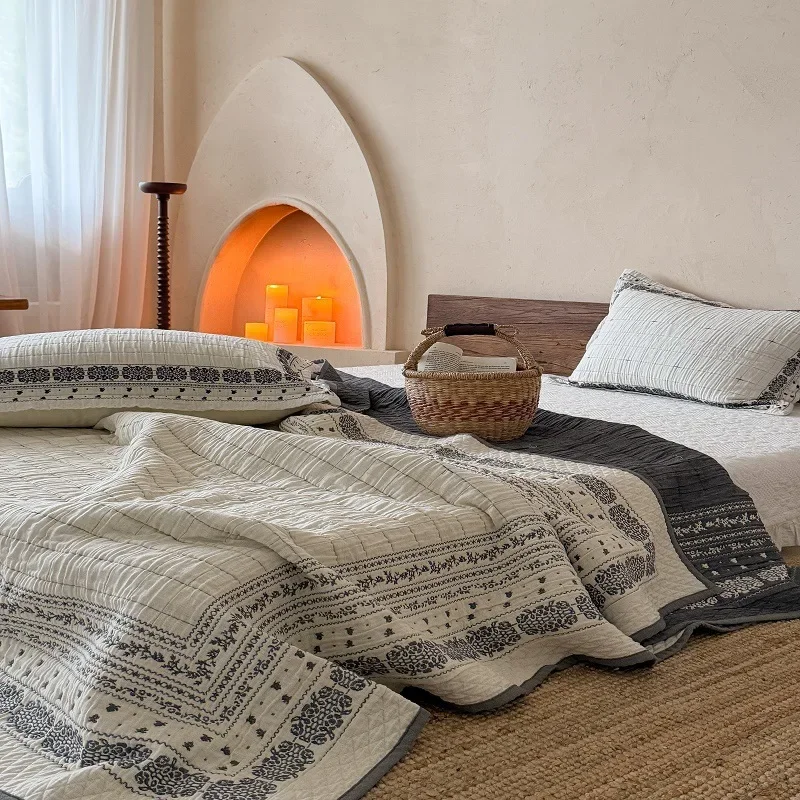 Luxury Jacquard Quilted Bedspread 3Pcs Set, Cotton Linen Blend with Enzyme Finish, Ultra Soft Comfortable Bed Coverlet for Sofa