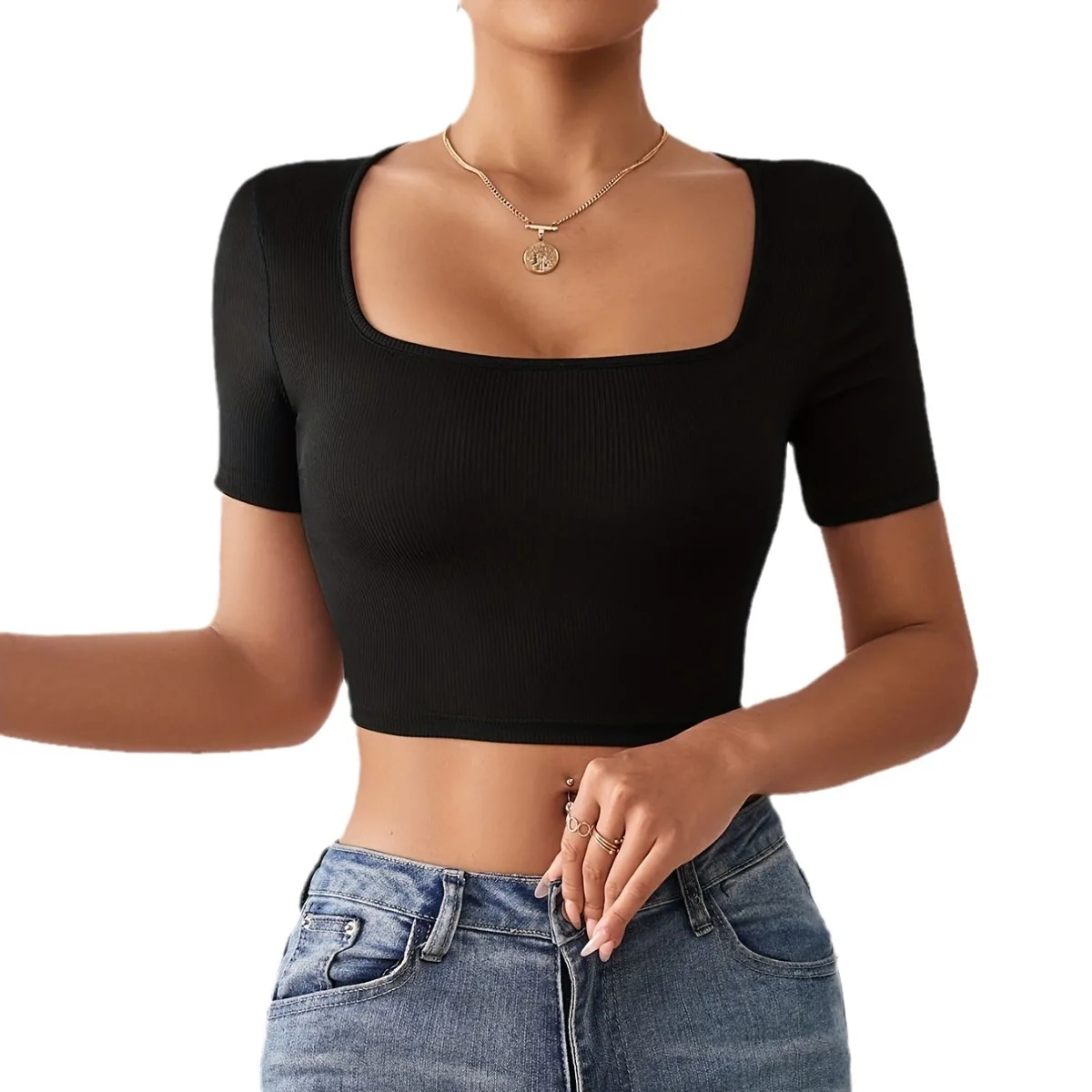 Cross-border New Fashionable and Sexy Boat Collar Exposed Navel Short Women's Top Short Sleeve Spot Wholesale Cw63628