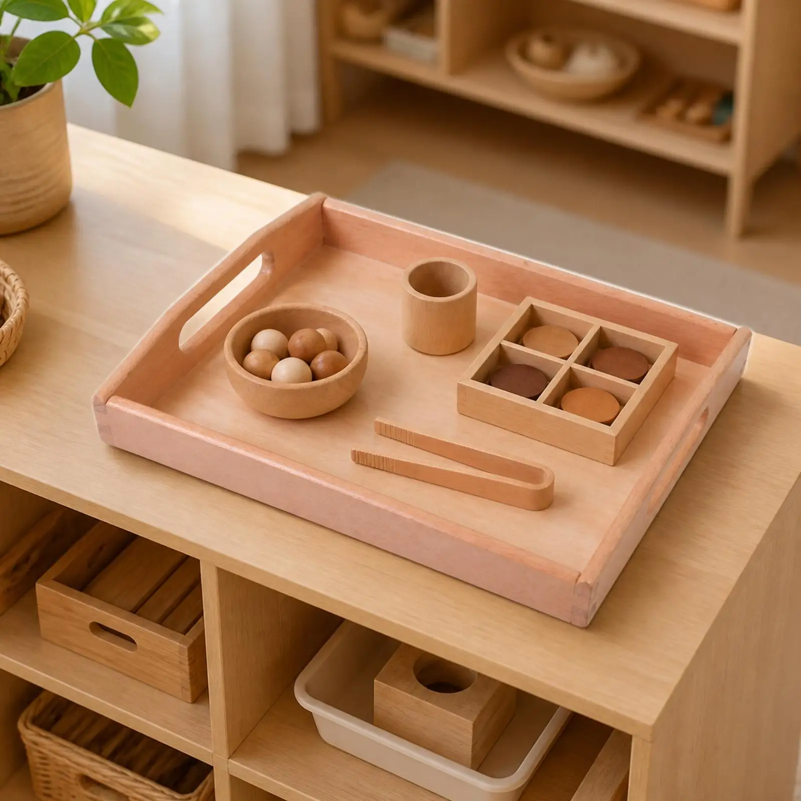 Wooden Sensory Tray for Preschoolers Montessori Teaching Tray with Flat Base for Practical Life Skills and Order Activities