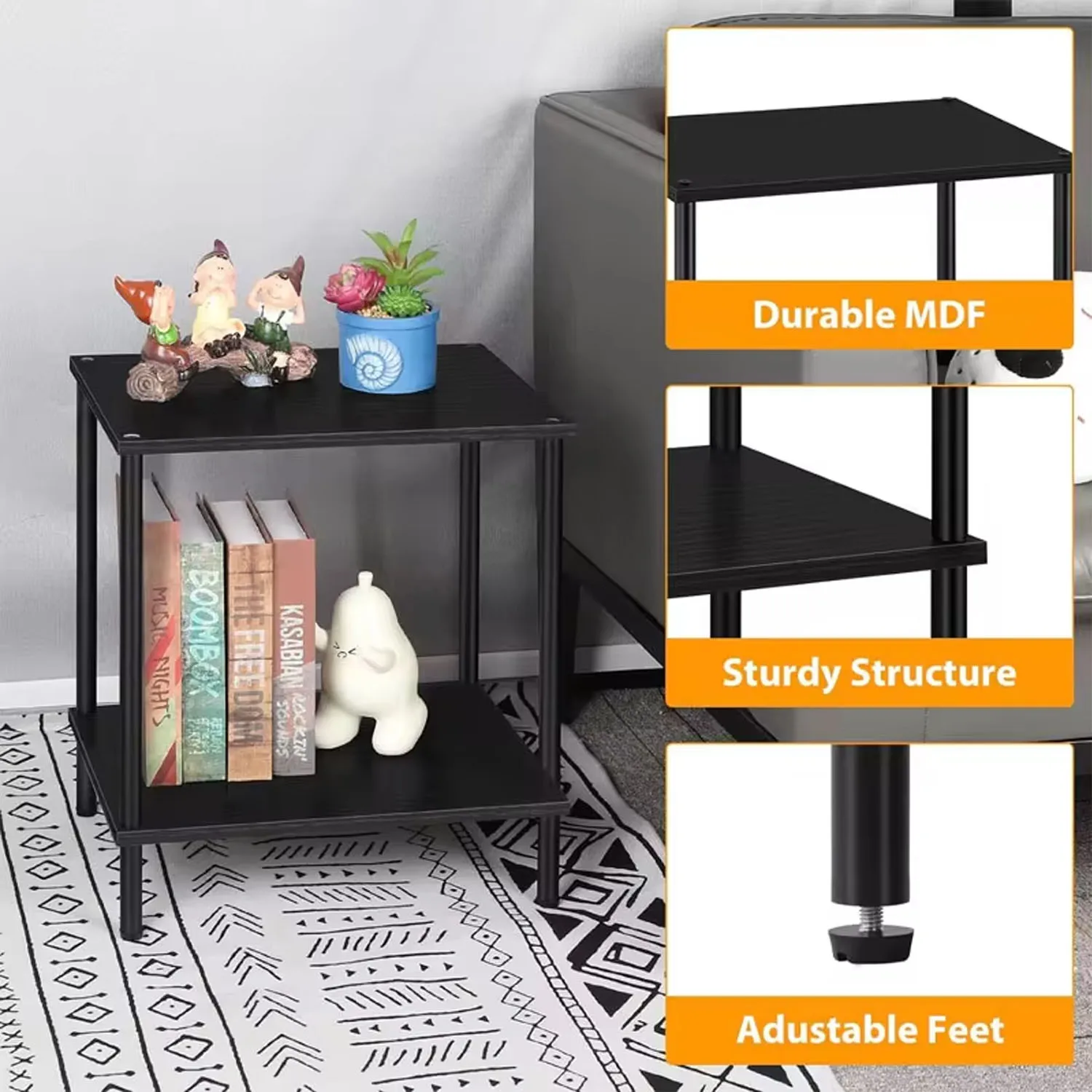 Black Narrow Side Table with Storage Shelf - Modern Square Bedside Table and Wood Nightstand for Living Room, Bedroom, and Offic