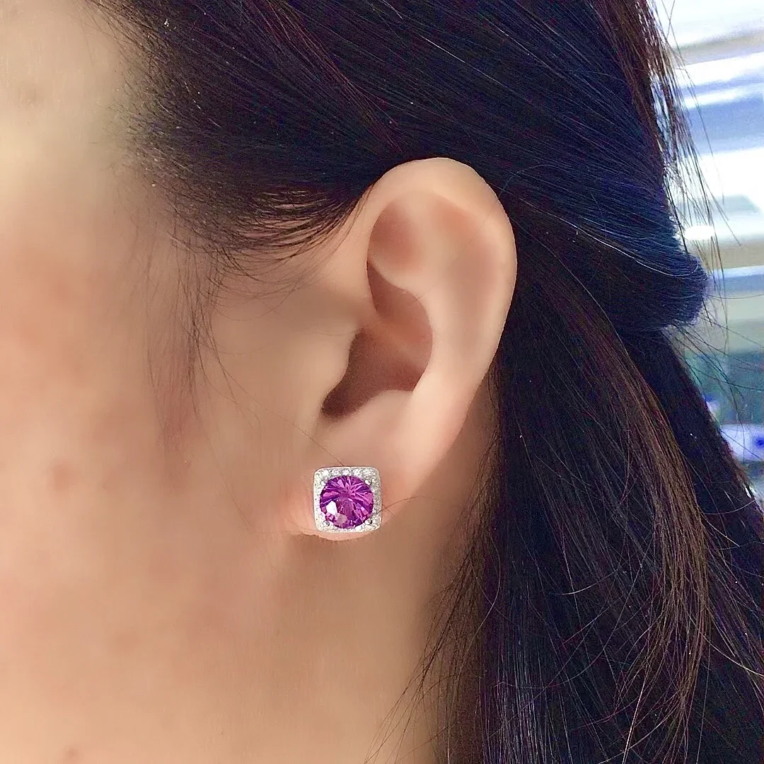 Dazzling Silver Amethyst Silver Earrings for Young Girl 8mm VVS Grade Natural Amethyst Earrings Simple Crystal Silver Earrings