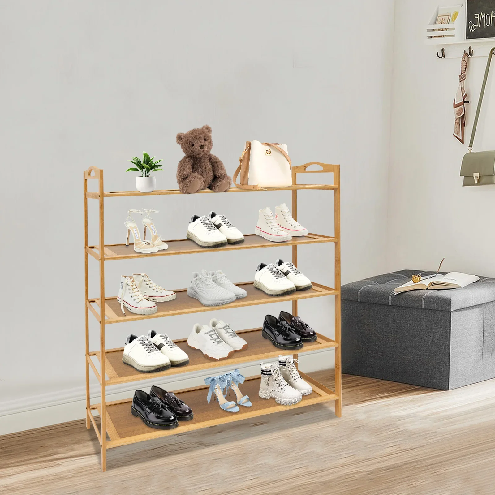 

5-Tier Shoe Storage Rack Bamboo Shoes Shelf Organizer Multi-tier Free Standing Shoes Rack for Living Room
