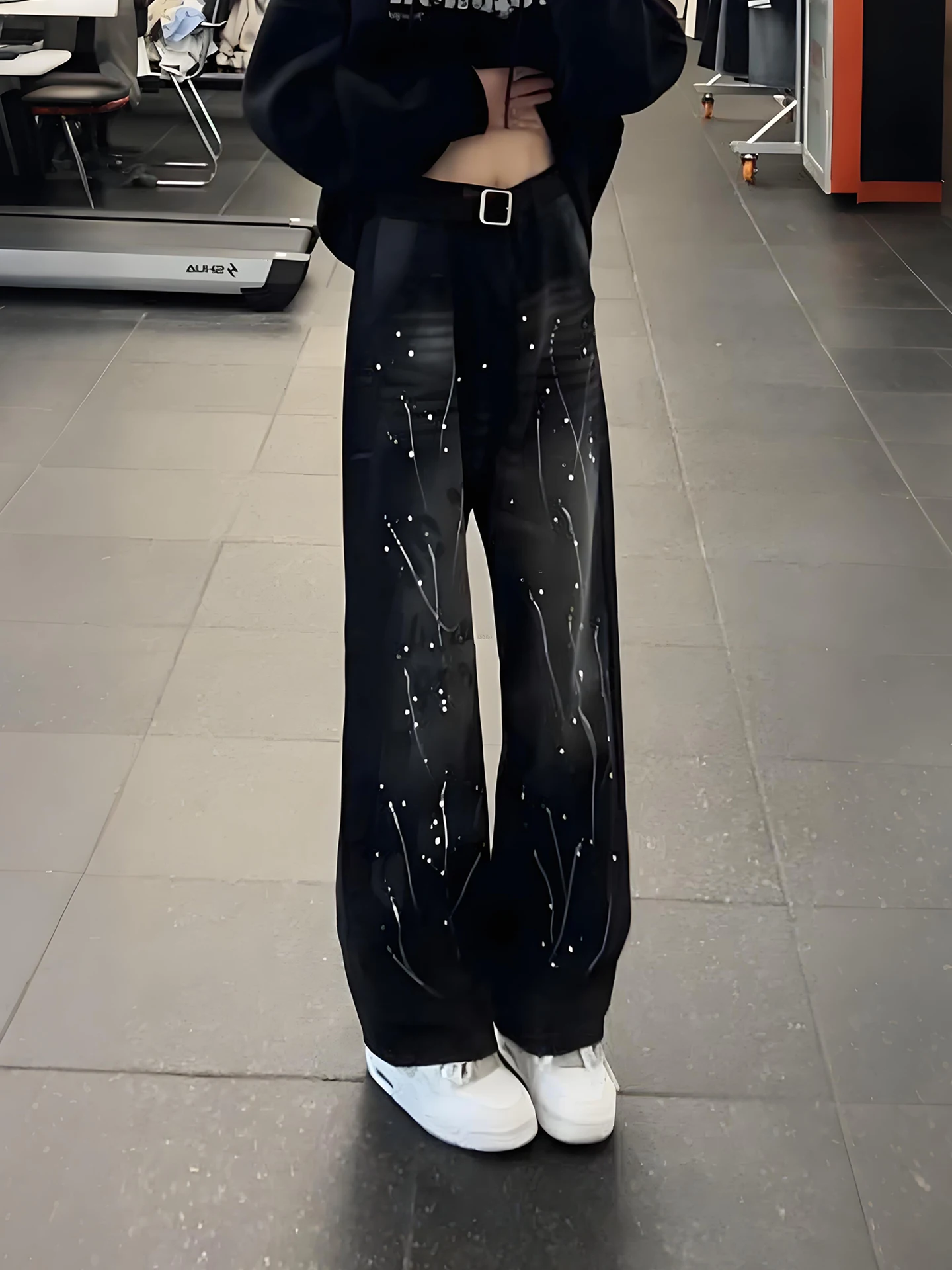 

Bla Splaed Ink Design Men's Jeans Autumn Winter Slim Wide Leg Pants American High Street Straight Blade Long Trousers