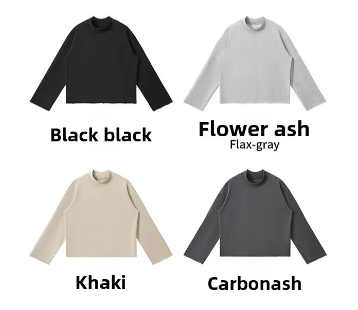 Personalized LOGO custom 350G cotton men's BOXY short and wide half-high neck long-sleeved hem burr sweater