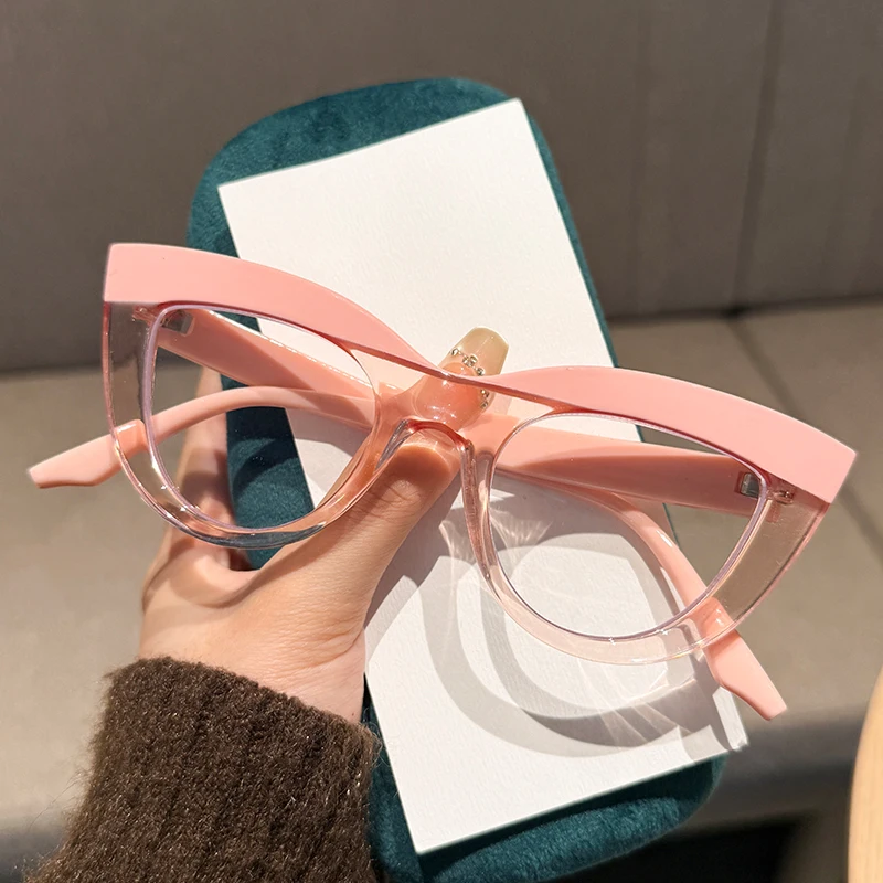Retro Colour Blocking Cat Eye Presbyopia Glasses Fashion Large Frame HD Anti Blue Light Reading Glasses Women Men's Glasses