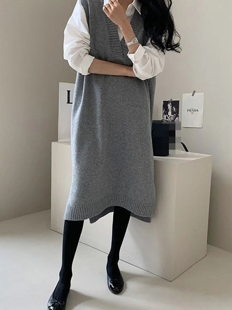 Vestido Tricotado Sem Mangas em Estilo Coreano com Decote em V para Mulheres, Vestido Solto em Camadas para Outono e Inverno,...