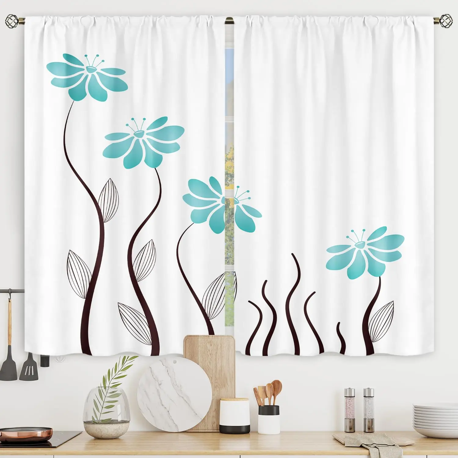 Kitchen Curtains Rod Pocket Leaves Woman Plant White Silhouettes Printed Living Room Bedroom Window Drapes Treatment 2 Panels