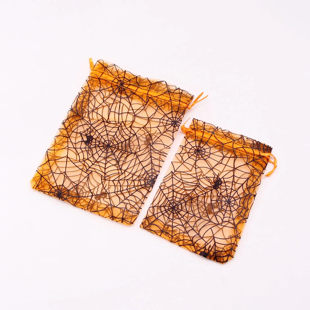 100pcs/lot 13x18cm Organza Halloween Gift Bags Pumpkin Lantern Spider Web Printing Drawstring Pouch Sachet Bag Packaging