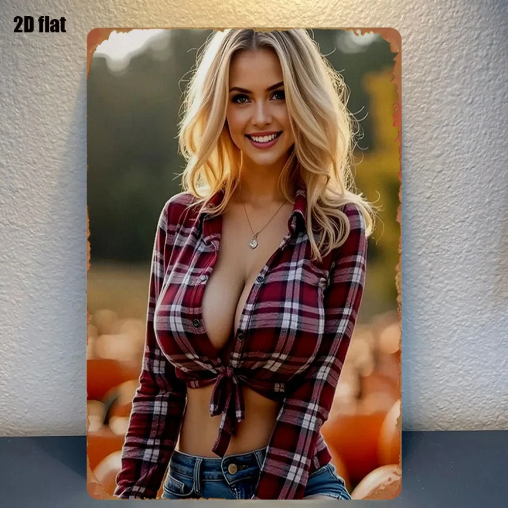 Vintage Plaid Shirt Woman Portrait Metal Wall Art Sign, 8x12 Inch Pre-Drilled Easy Hang for Living Room & Bedroom Decor