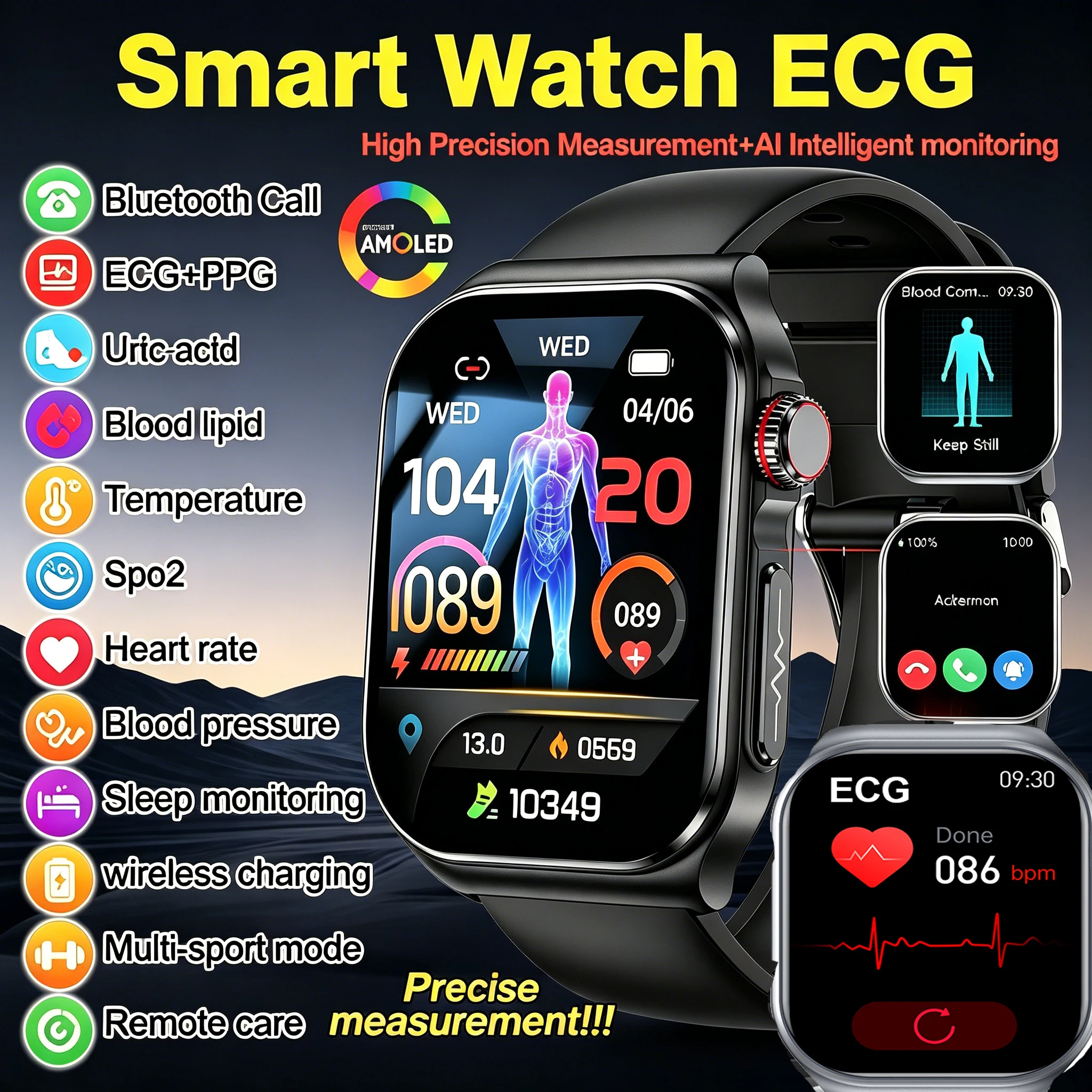 Marsyu 2026 AI-GPT Diagnose EKG Gesundheits-Smartwatch EKG Blutdruck Lipid Harnsäure Bluetooth-Anruf Smartwatch für Android iOS