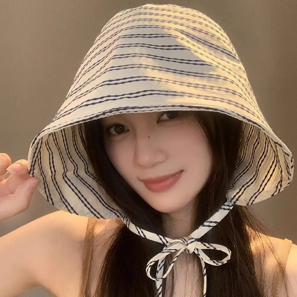 Candy Color Ponytail Sun Hat Outdoor Panama Beach Sun Cap Korean Spring Summer Striped Strap Bucket Hat For Women Men Foldable