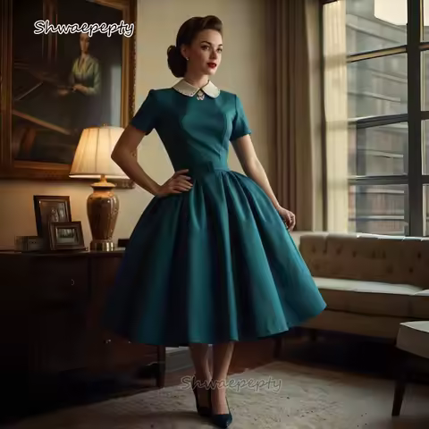 Vintage 1950s Prom Dress Tea-Length Teal Satin A-Line Elegant Party Gown Short Sleeves Customized Boutique Evening Dress