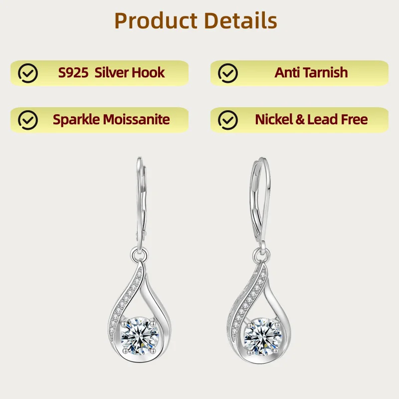 

LAMVOICE jewelry for women/earrings Hook with moissanite S925 sterling silver earrings valentine’s day gift for her