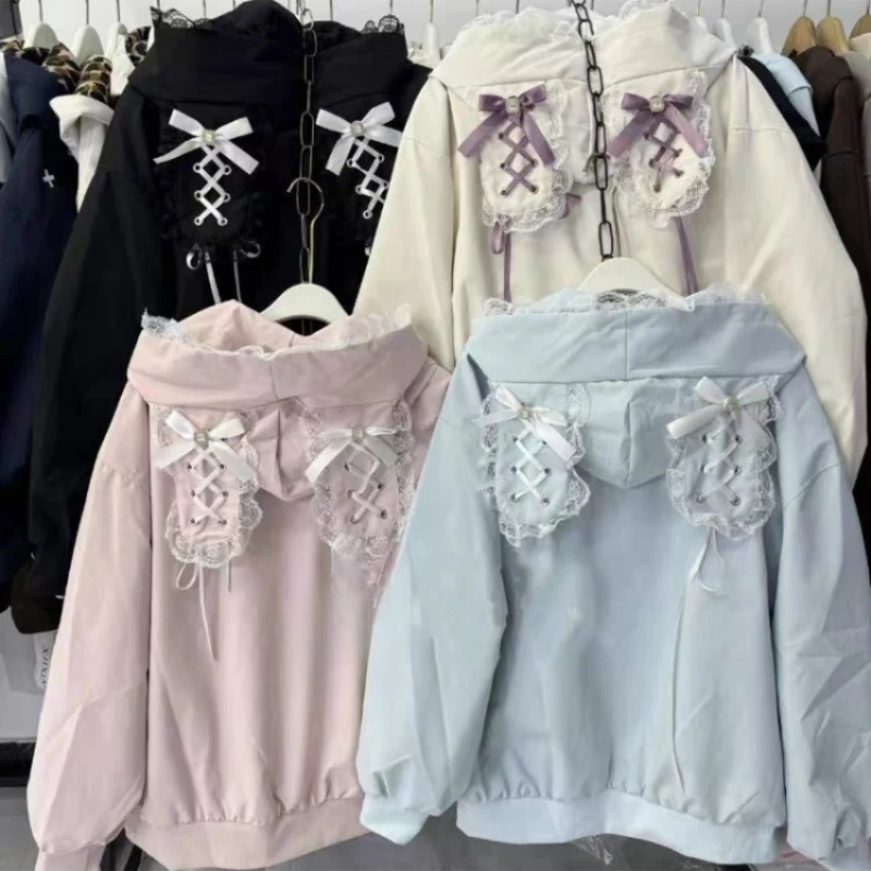 Women Sweet Harajuku Style Zip Up Hooded Jacket Cute Bunny Ear Hood Design Lace Ruffle Bow Lace‑up Casual Daily Outerwear Coat
