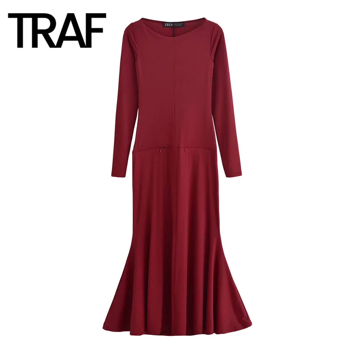 TRAF Dress for Women Fashion Autumn Winter New Wide Swing Long Sleeve Round Neck Vintage Long Dresses France Female Evening