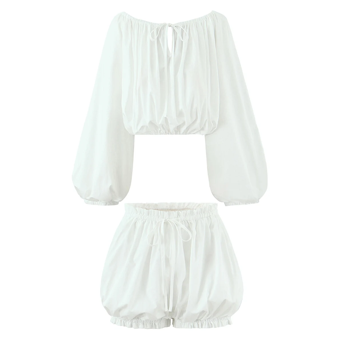 2 Pieces 1 Set Spring Summer White Elastic Slash Shoulder Lantern Sleeve Shirt + Wood Ears Elastic Waist BUD Mini Shorts Suits