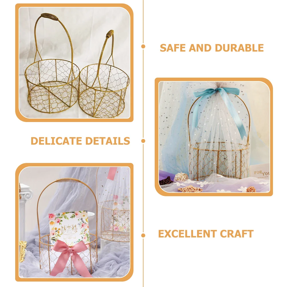 Hundred Days Banquet Wrought Iron Storage Basket Gold Decor Wedding Decoration with Handle